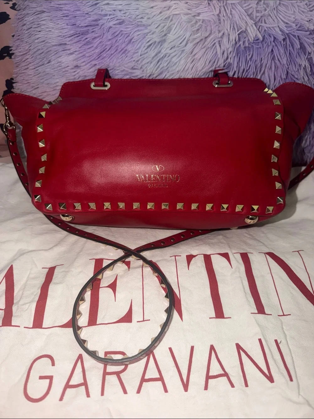 Valentino Red Leather Rockstud Shoulder Bag with Gold Hardware